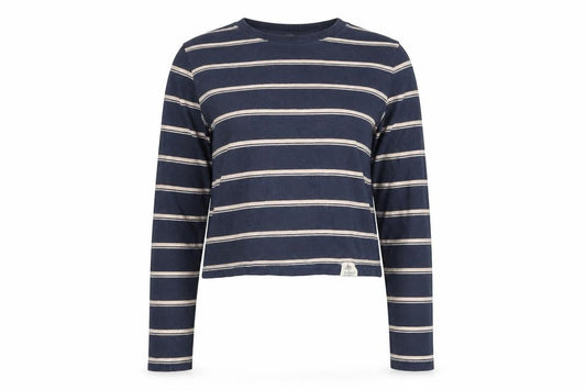 Pull&Bear Women Blue Striped Cropped Long Sleeve Cotton T-Shirt Size 8