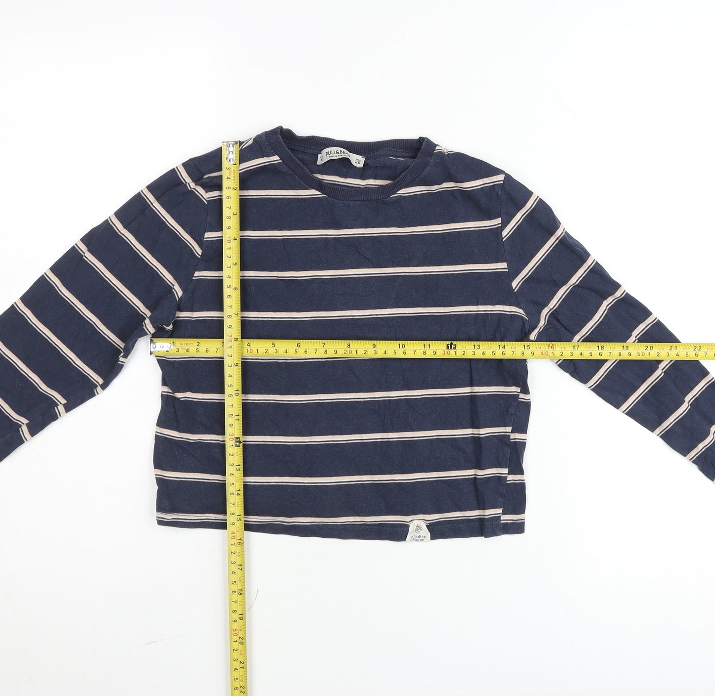 Pull&Bear Women Blue Striped Cropped Long Sleeve Cotton T-Shirt Size 8