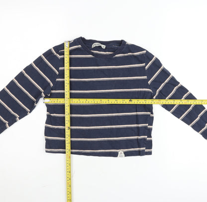 Pull&Bear Women Blue Striped Cropped Long Sleeve Cotton T-Shirt Size 8