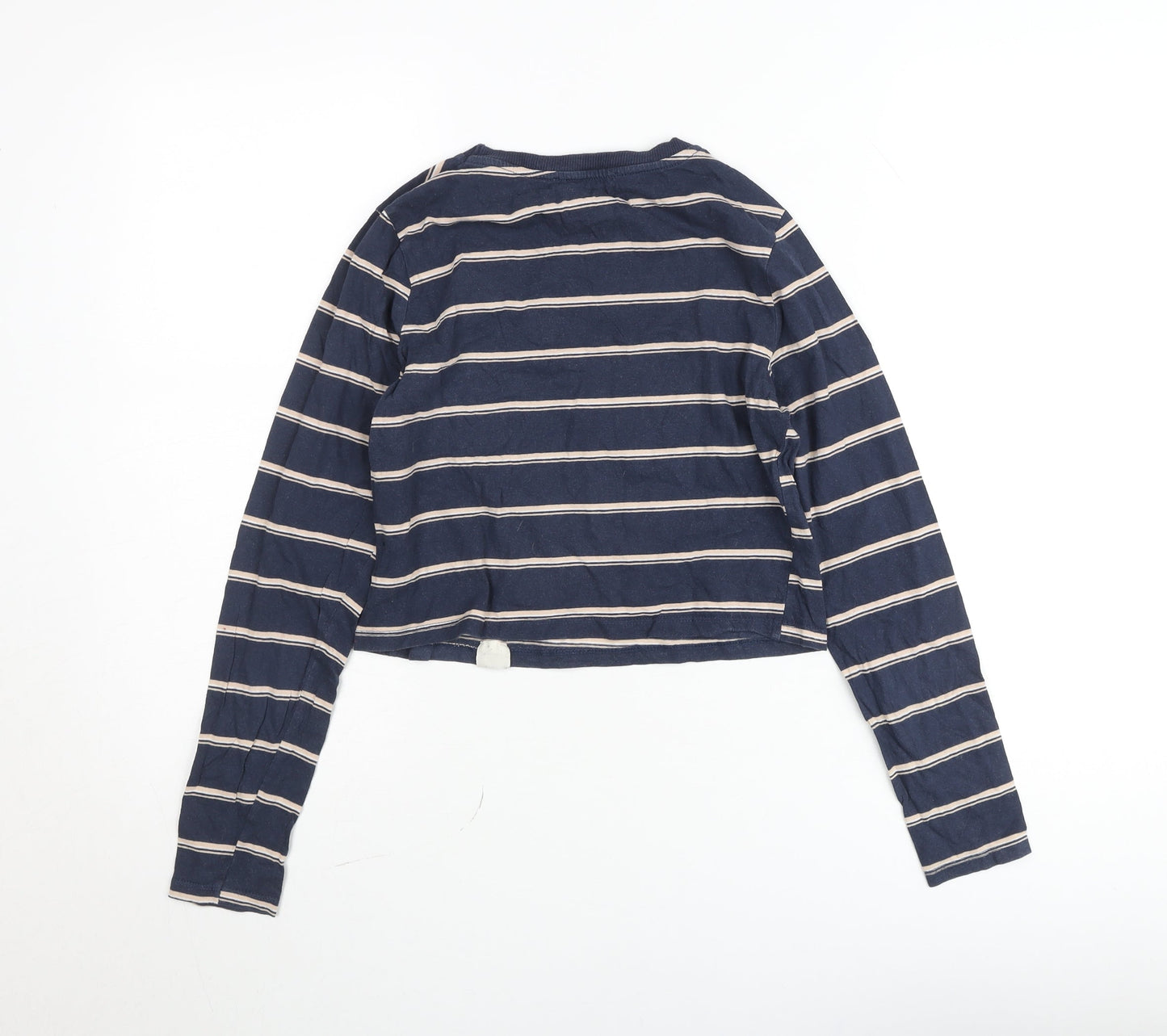Pull&Bear Women Blue Striped Cropped Long Sleeve Cotton T-Shirt Size 8