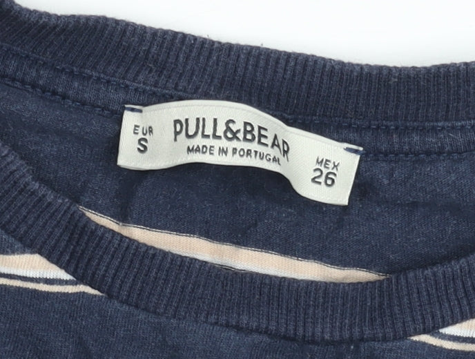 Pull&Bear Women Blue Striped Cropped Long Sleeve Cotton T-Shirt Size 8