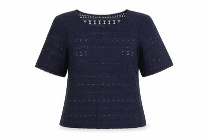 Front view of Dunnes Women Navy Blue Lace Short Sleeve Blouse, size 10