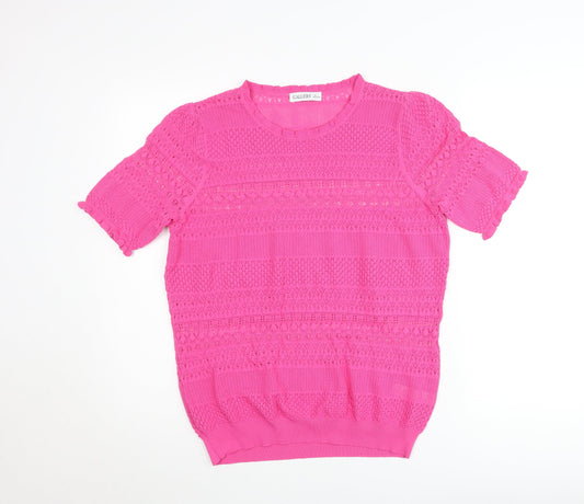 Additional front view of Gallery Women’s Pink Crochet Short Sleeve Cotton Blend Blouse, size L