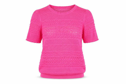 Front view of Gallery Women’s Pink Crochet Short Sleeve Cotton Blend Blouse, size L