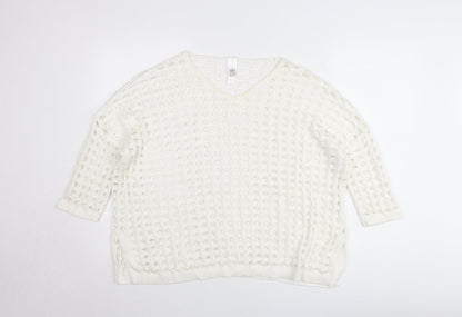 Wynne Layers Womens White PL V-Neck Open-Knit Jumper