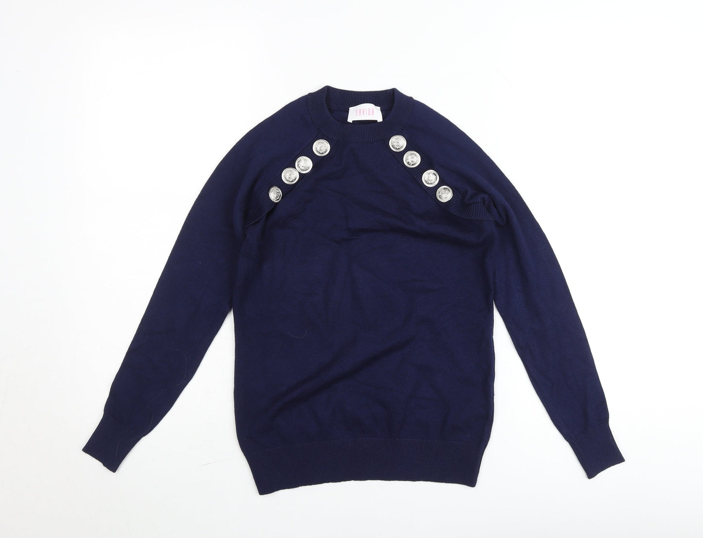 Savida Women's Blue Crew Neck Button Pullover Jumper Size 10