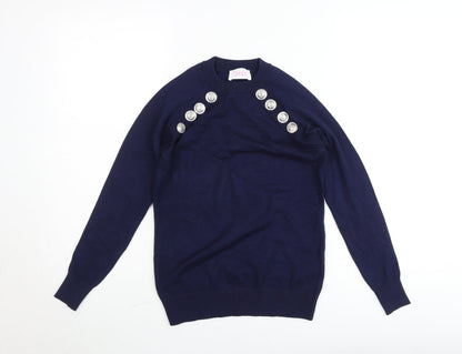 Savida Women's Blue Crew Neck Button Pullover Jumper Size 10