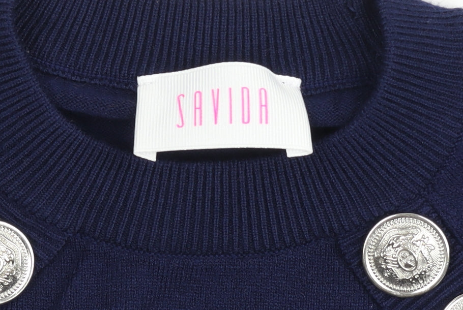 Savida Women's Blue Crew Neck Button Pullover Jumper Size 10