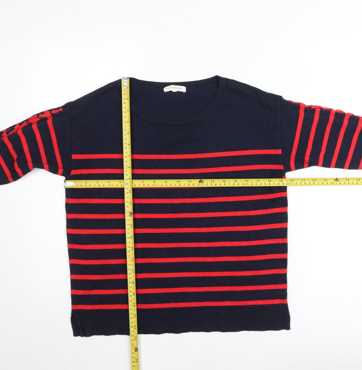 Retrology Women’s Blue & Red Striped Boat Neck Cotton Jumper Size M