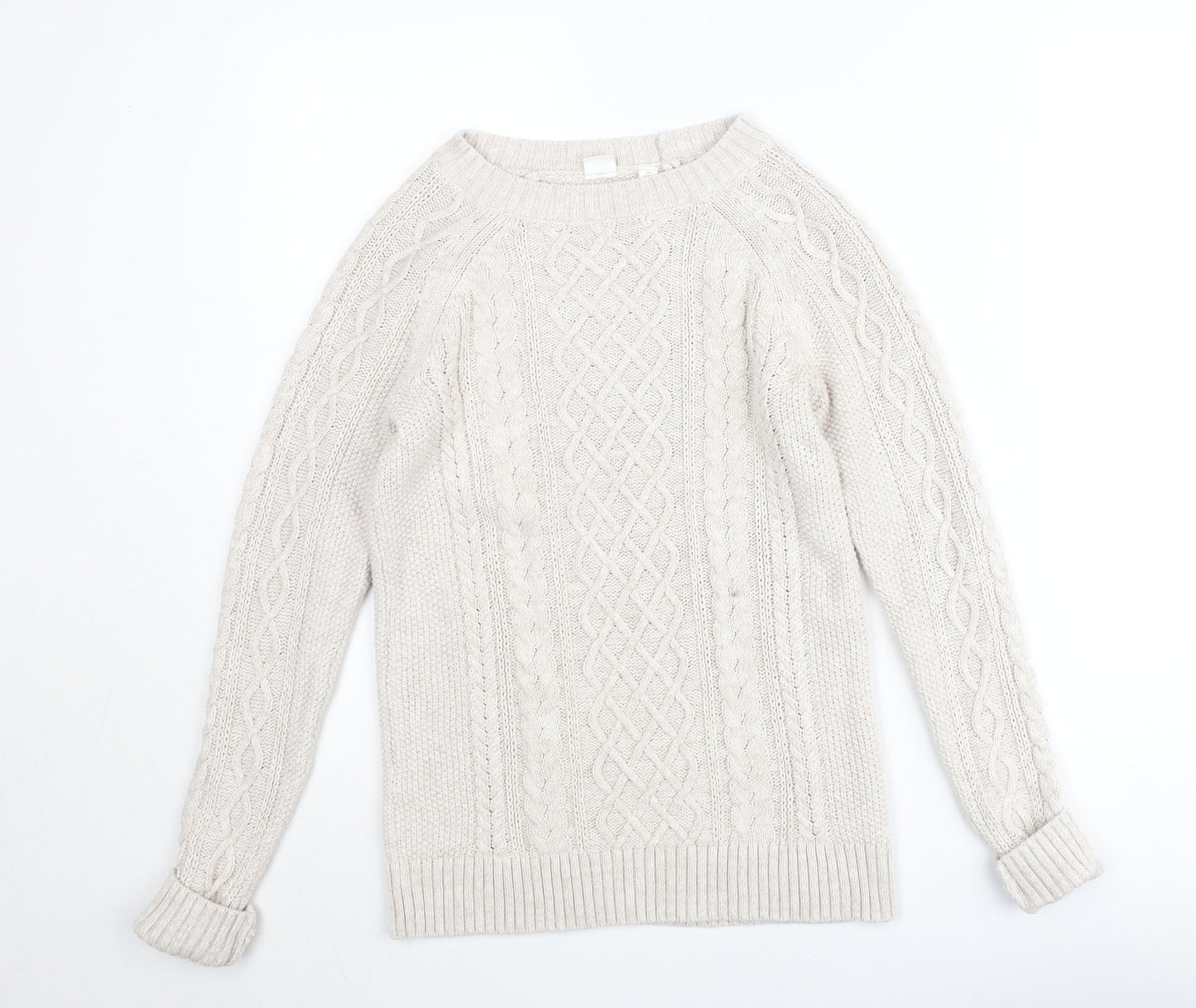 GAP Women Beige XS Cable-Knit Crew Neck Cotton Wool Jumper