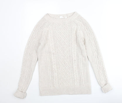 GAP Women Beige XS Cable-Knit Crew Neck Cotton Wool Jumper