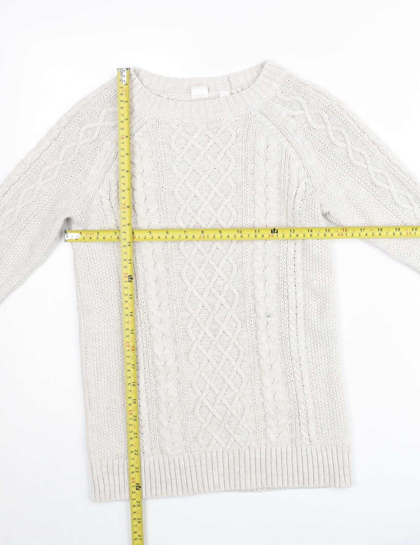 GAP Women Beige XS Cable-Knit Crew Neck Cotton Wool Jumper