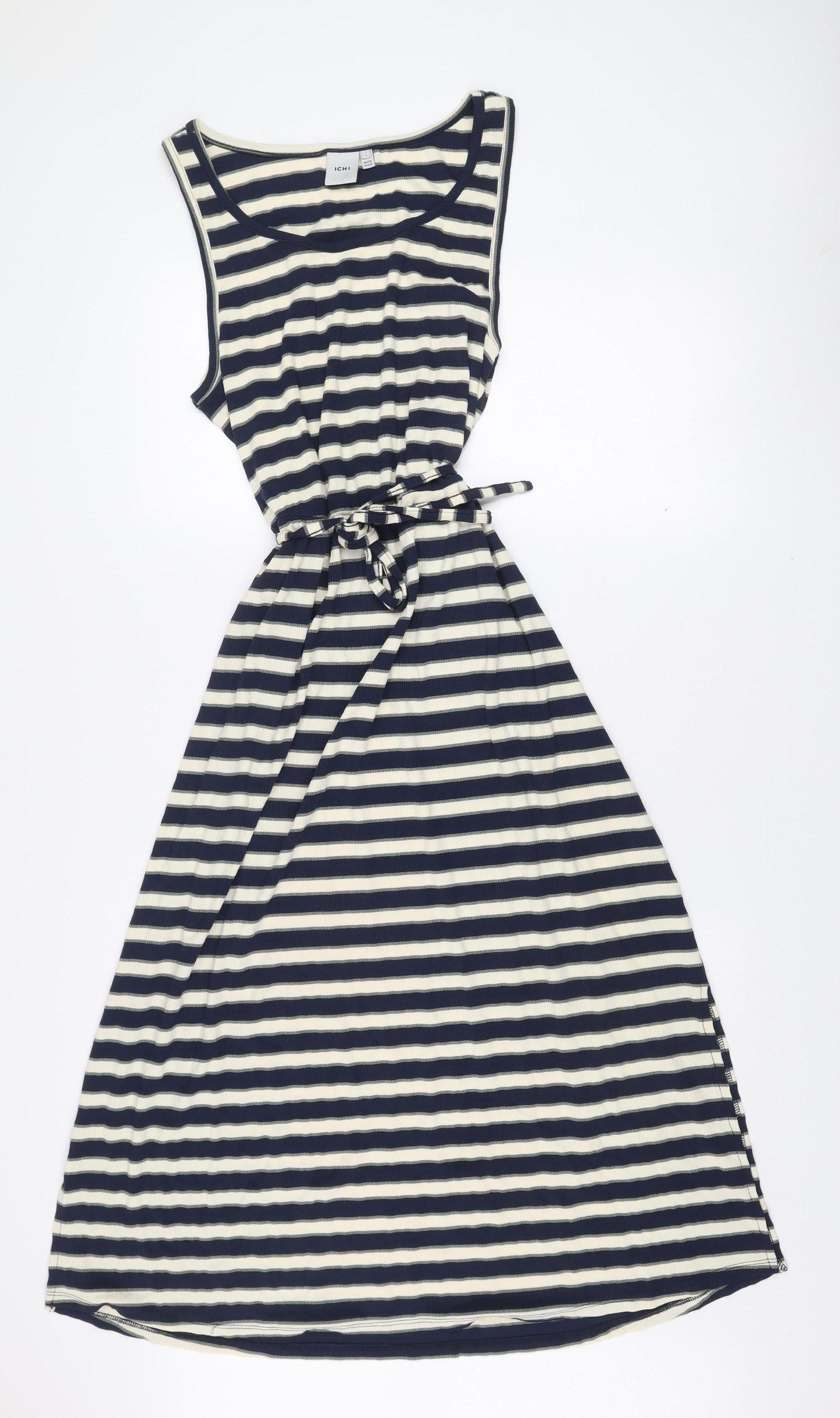 ICHI Women’s Blue White Striped A-Line Sleeveless Dress L