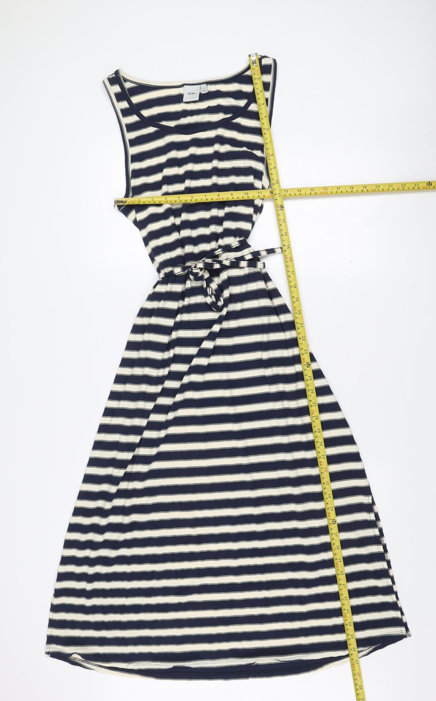 ICHI Women’s Blue White Striped A-Line Sleeveless Dress L