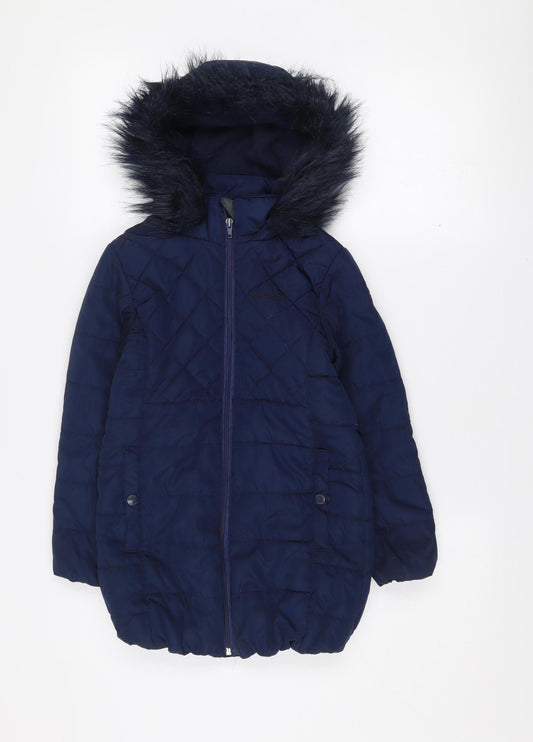 Regatta Girls Blue 7-8 Years Quilted Hooded Puffer Coat with Faux Fur Trim