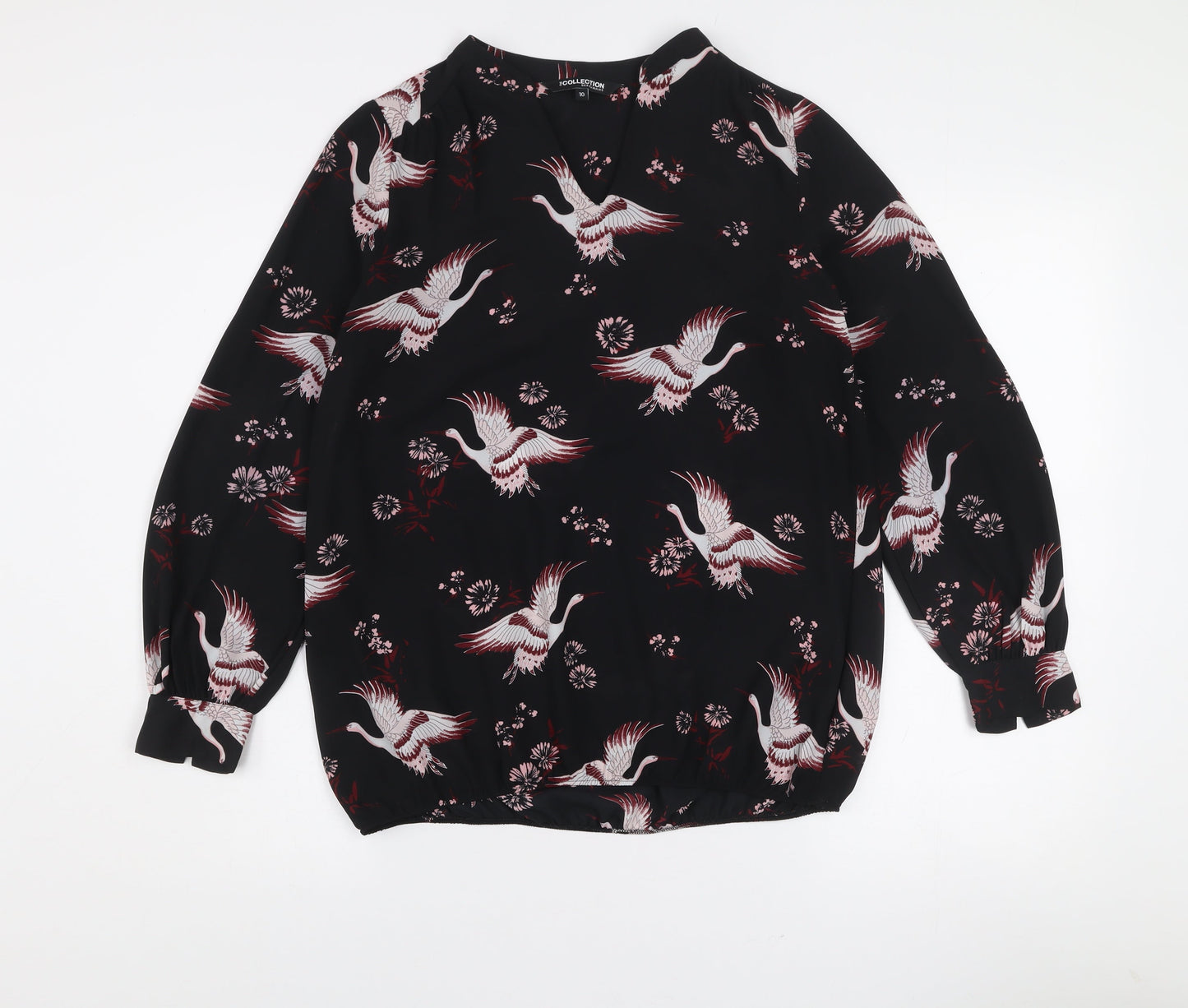 Debenhams Women’s Black Bird Print Long Sleeve Tunic Blouse Size 10