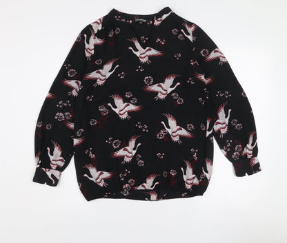Debenhams Women’s Black Bird Print Long Sleeve Tunic Blouse Size 10