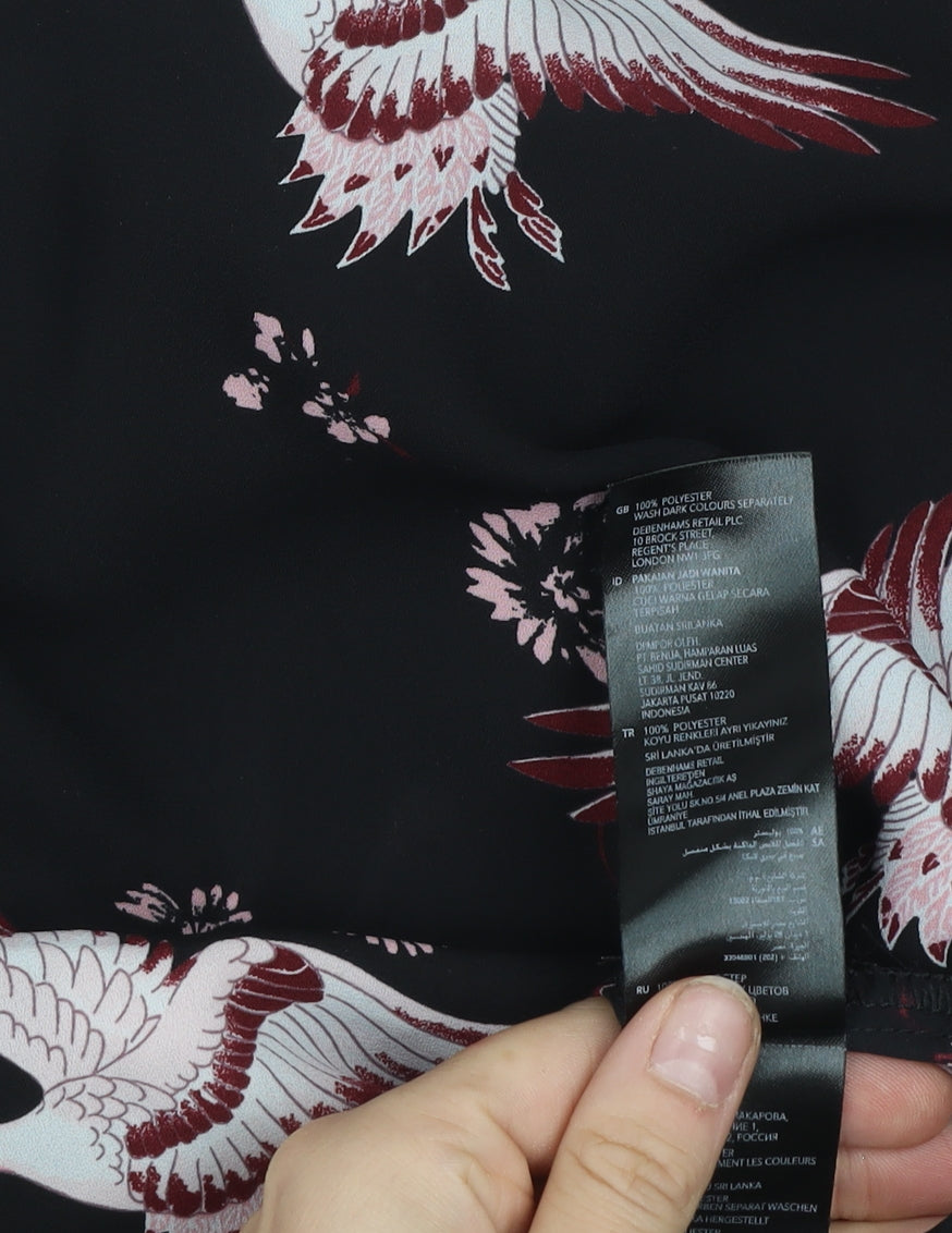 Debenhams Women’s Black Bird Print Long Sleeve Tunic Blouse Size 10