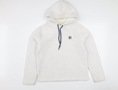FILA Women's White Pullover Hoodie Size M Fleece Lined Casual Sweatshirt