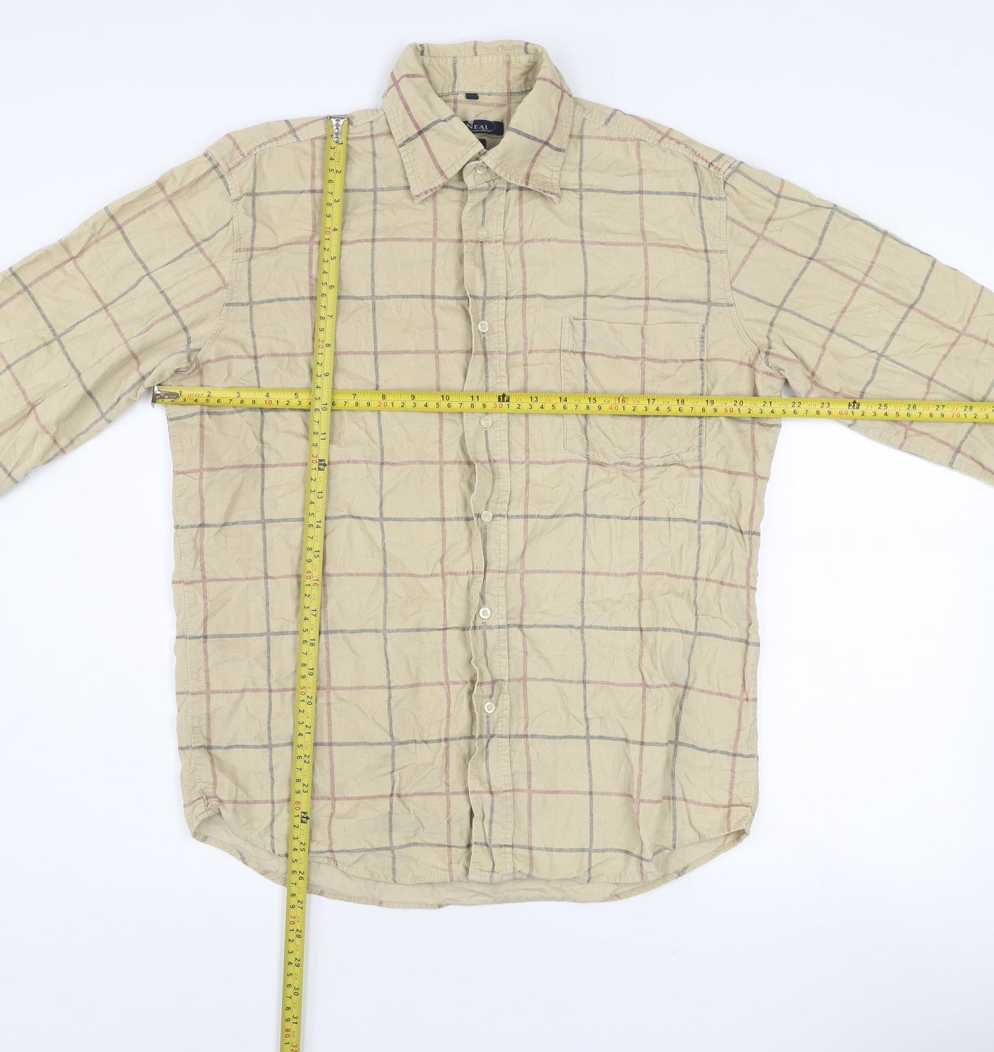 McNeal Men's Beige Check Corduroy Long Sleeve Cotton Shirt M