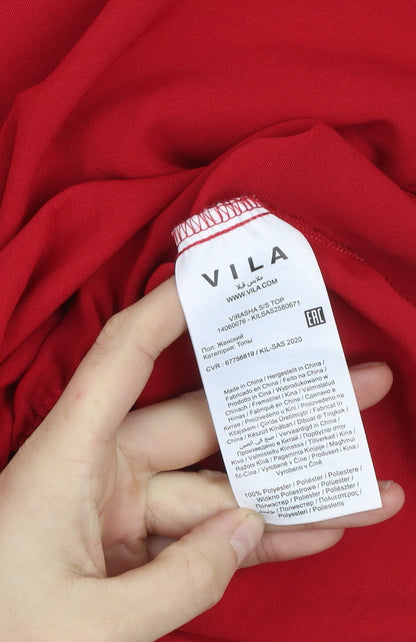 Vila Women’s Red V-Neck Crochet Sleeve Tunic Blouse Size 10