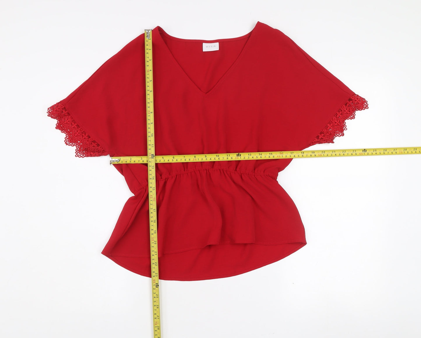 Vila Women’s Red V-Neck Crochet Sleeve Tunic Blouse Size 10