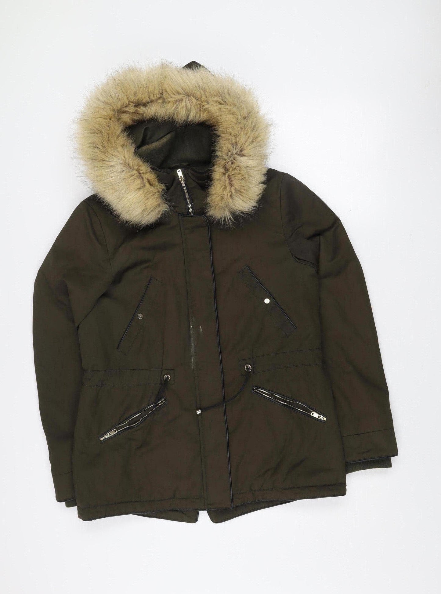 Zara Women Green Parka Coat XS Faux Fur Hooded Lined Jacket