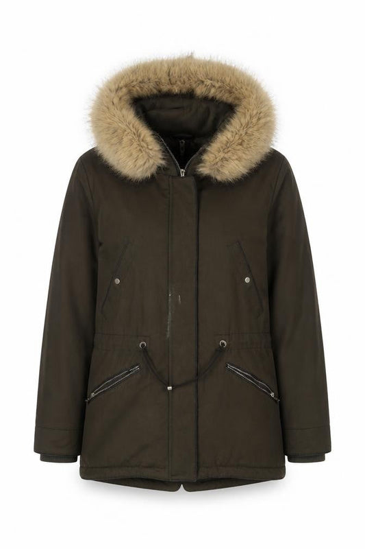 Zara Women Green Parka Coat XS Faux Fur Hooded Lined Jacket
