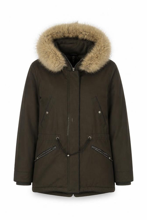 Zara Women Green Parka Coat XS Faux Fur Hooded Lined Jacket