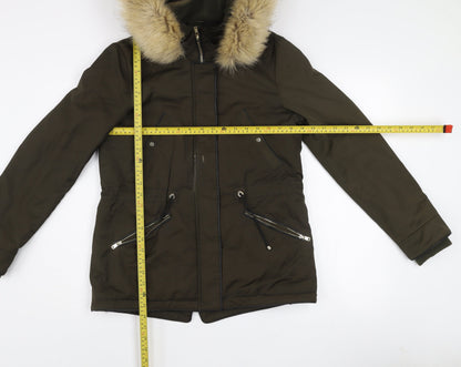 Zara Women Green Parka Coat XS Faux Fur Hooded Lined Jacket