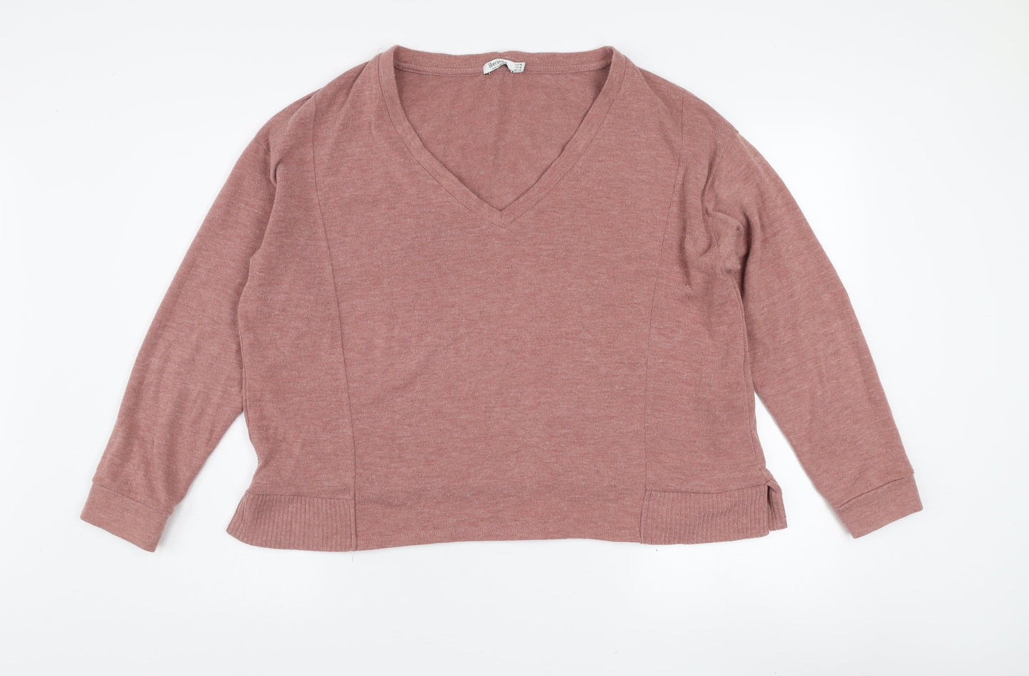 Bershka Women's Pink V-Neck Knit Jumper Size 12 Long Sleeve