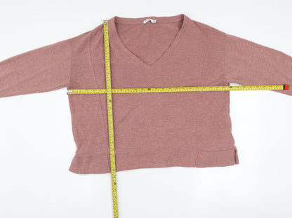 Bershka Women's Pink V-Neck Knit Jumper Size 12 Long Sleeve
