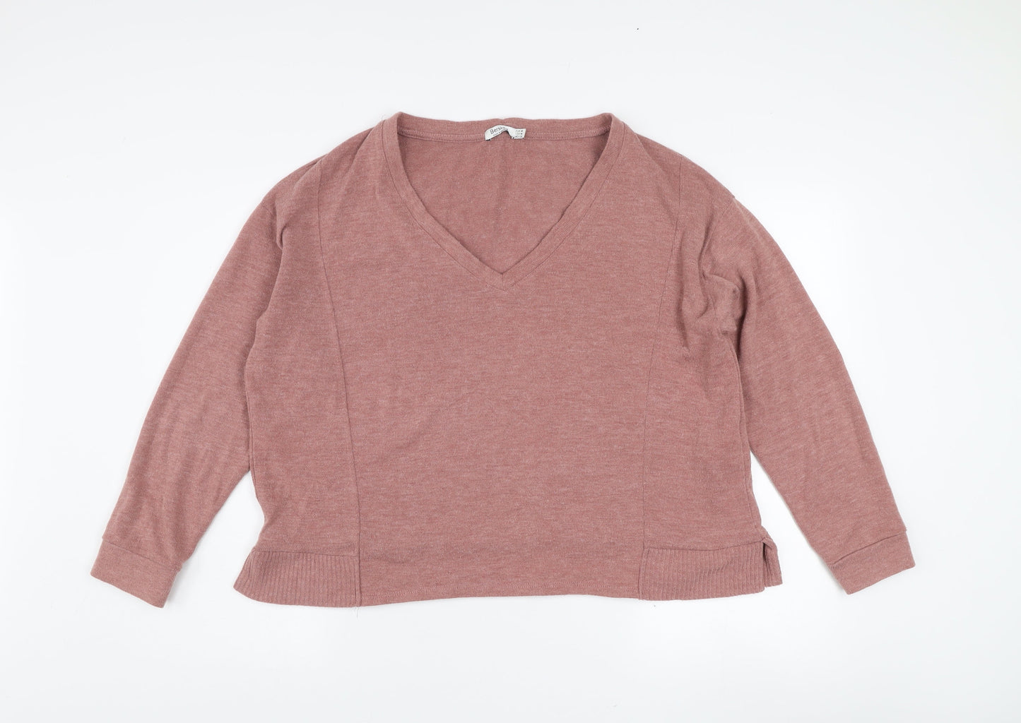 Bershka Women's Pink V-Neck Knit Jumper Size 12 Long Sleeve
