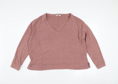 Bershka Women's Pink V-Neck Knit Jumper Size 12 Long Sleeve
