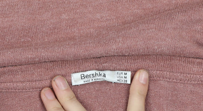 Bershka Women's Pink V-Neck Knit Jumper Size 12 Long Sleeve