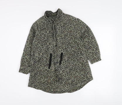 Zara Girls Green Animal Print Parka Coat 7 Years Cotton Blend Long Sleeve Lined