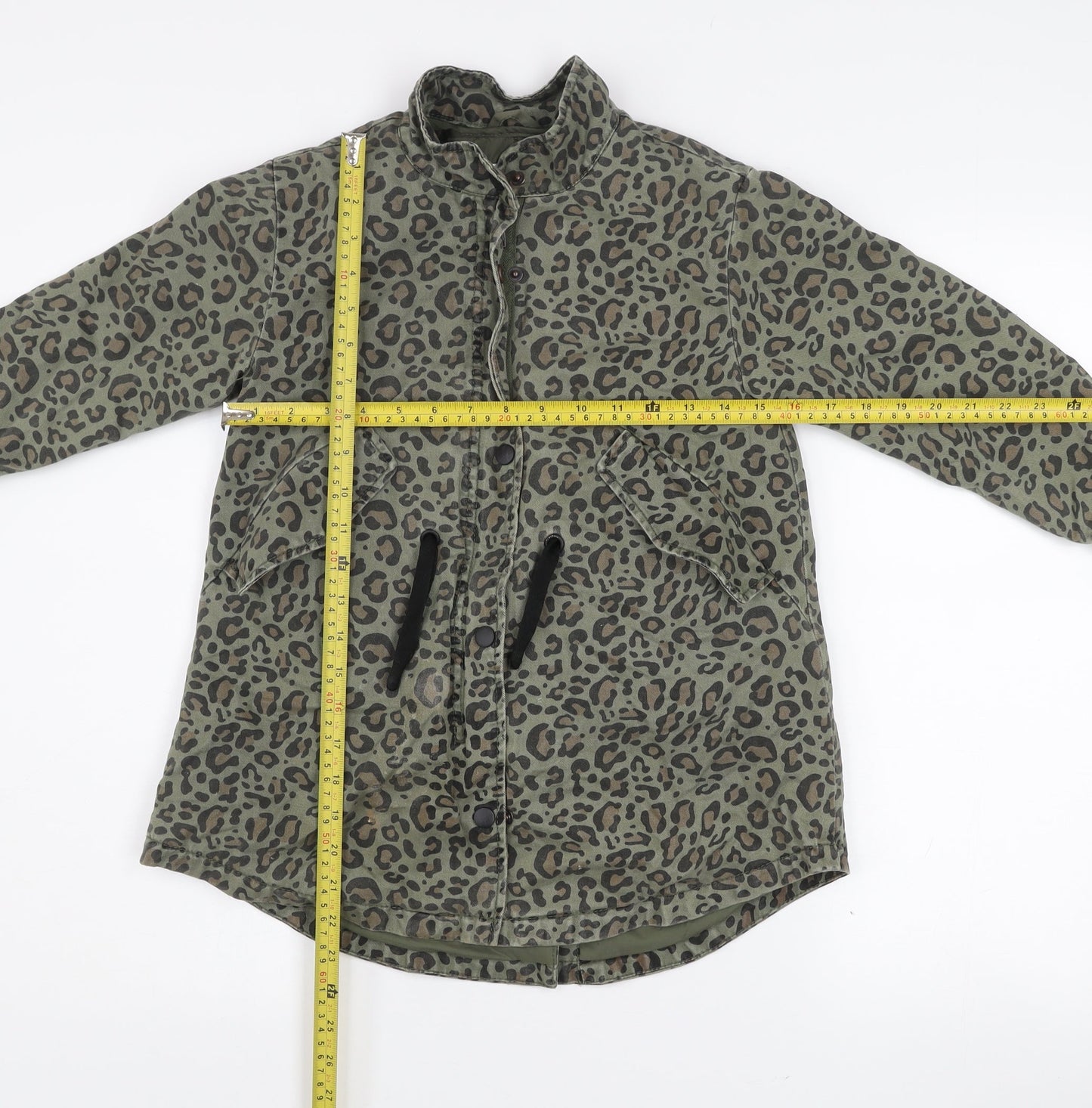 Zara Girls Green Animal Print Parka Coat 7 Years Cotton Blend Long Sleeve Lined