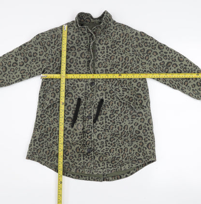 Zara Girls Green Animal Print Parka Coat 7 Years Cotton Blend Long Sleeve Lined