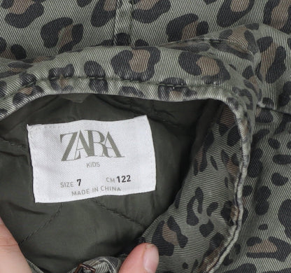 Zara Girls Green Animal Print Parka Coat 7 Years Cotton Blend Long Sleeve Lined