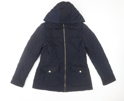 Michael Kors Women's Blue Quilted Hooded Mid-Length Jacket Size S