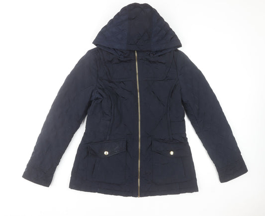 Michael Kors Women's Blue Quilted Hooded Mid-Length Jacket Size S