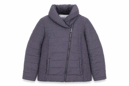 Front view of John Rocha women’s purple puffer jacket, size UK 12, winter zip coat