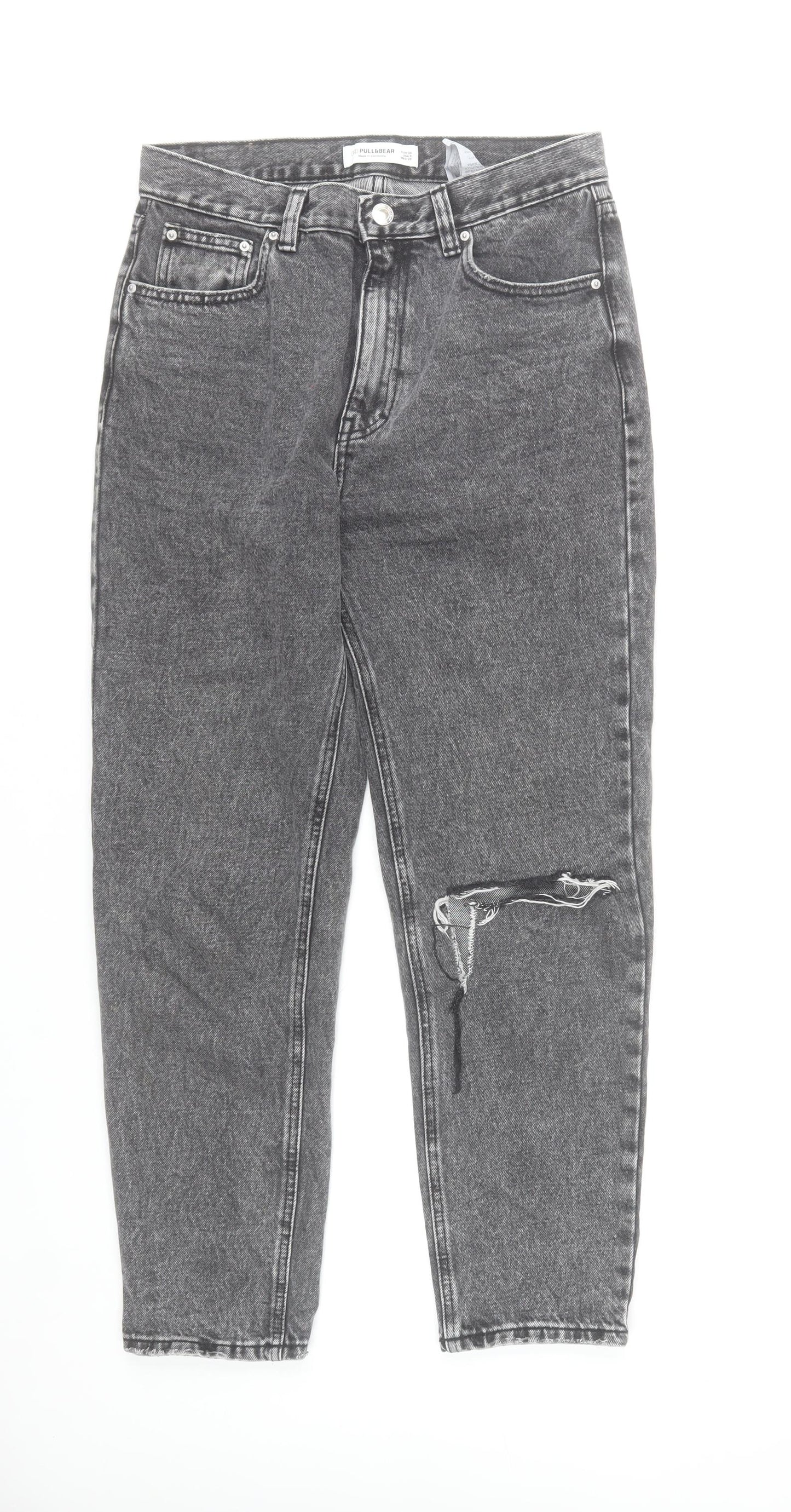 Pull & Bear Womens Grey High Rise Mom Jeans Size 10 Distressed Denim