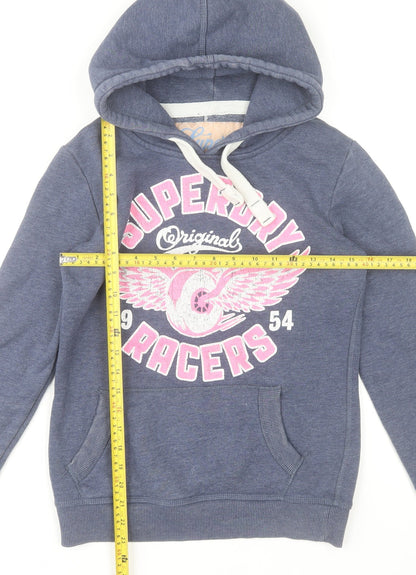 Superdry Womens Blue Pullover Hoodie XS with Pink Graphic Print