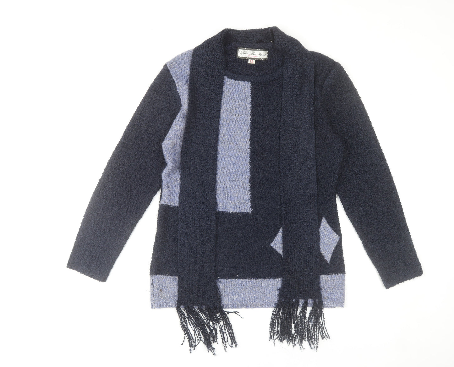 Paco Boutique Women Navy Blue Geometric Knit Jumper Size 12 Acrylic Blend