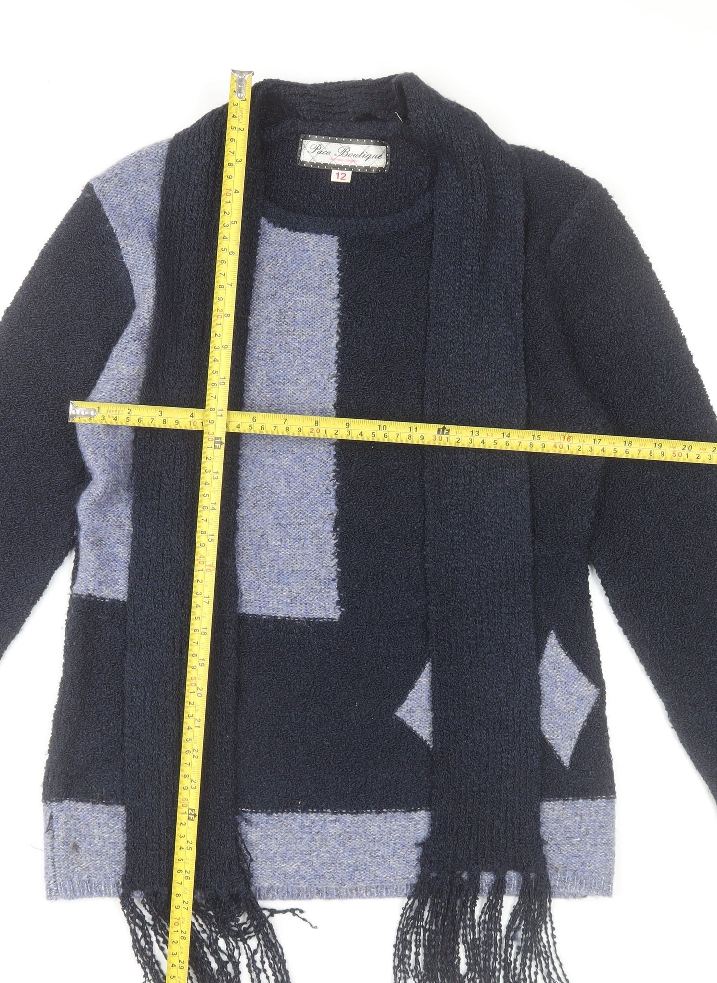 Paco Boutique Women Navy Blue Geometric Knit Jumper Size 12 Acrylic Blend
