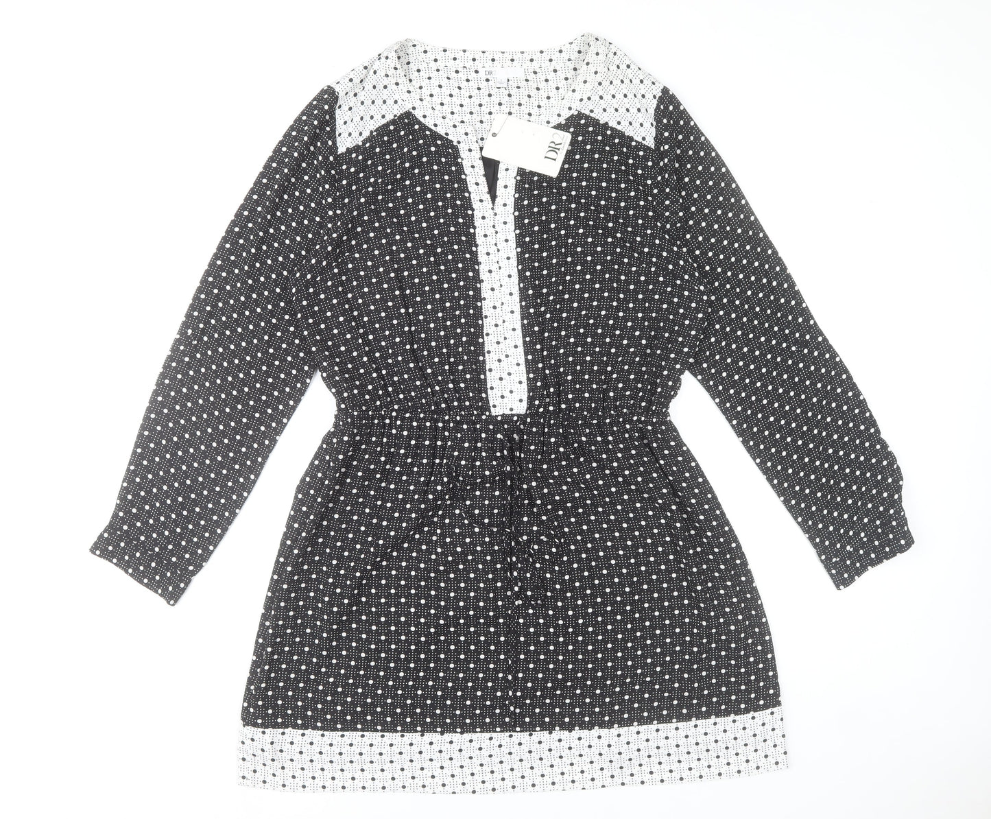 DR2 Women's Black Polka Dot Shift Dress Size L Long Sleeve