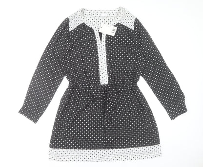 DR2 Women's Black Polka Dot Shift Dress Size L Long Sleeve
