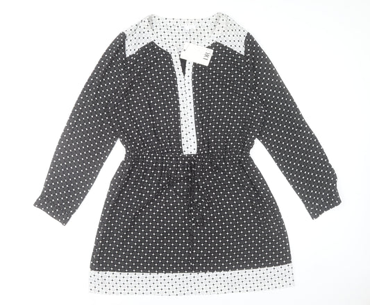 DR2 Women's Black Polka Dot Shift Dress Size L Long Sleeve