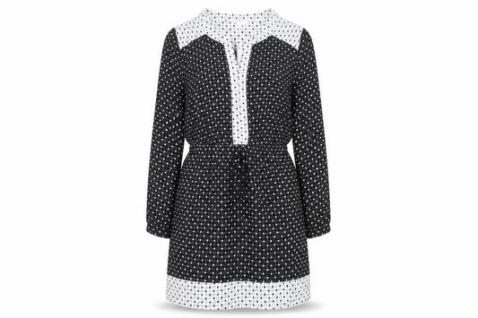 DR2 Women's Black Polka Dot Shift Dress Size L Long Sleeve